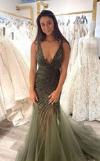 Vestido de cerimónia com corpete sem mangas e decote em V profundo, vestido de noite sereia sensual Y1704