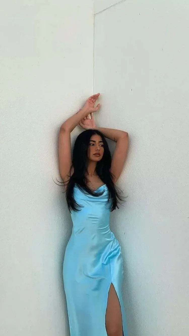 Vestido de Baile Simples Azul Sem Mangas com Fenda, Vestido de Noite Azul Y1751