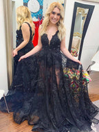 Abito lungo da sera nero con scollo a V in pizzo di tulle, abito da sera in pizzo di tulle nero Y1773