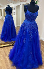 Vestidos de baile em tule azul com renda, corte em A, decote redondo e alças finas, Vestido de noite Y1816