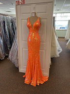 Vestido longo de baile com lantejoulas laranja, decote em V, estilo sereia, Vestido de noite elegante, Vestido formal laranja Y1714