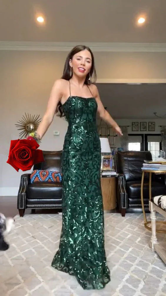 Vestido longo verde com lantejoulas, corte coluna/justo, vestido de noite encantador Y1830