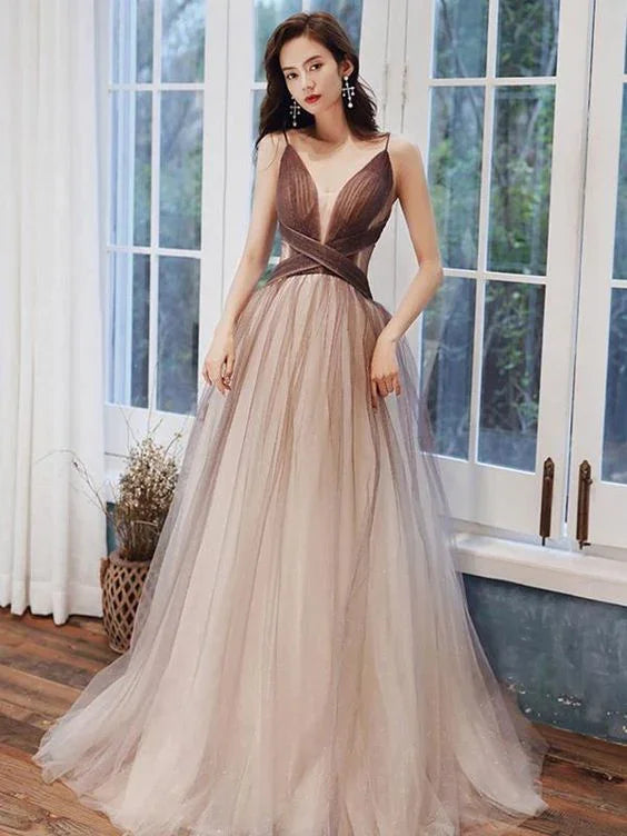 Vestidos compridos de baile de finalistas castanhos ombré com decote em V, vestidos formais castanhos ombré até ao chão para cerimónias Y1820