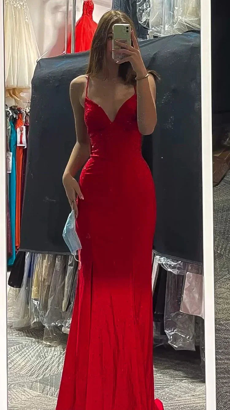 Vestido de cerimónia justo com alças finas vermelhas, Vestido de noite vermelho, Vestido de finalistas Y1835
