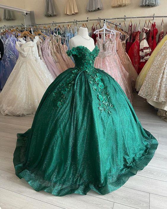 Abito verde a palloncino con spalle scoperte e fiori Abito per sedicesimo compleanno Y525