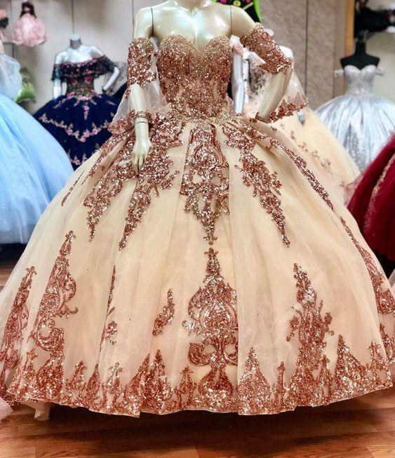Abiti da Quinceañera con Applicazioni di Paillettes Brillanti, Manica Rimovibile, Scollatura a Cuore, Abito da Ballo Y526