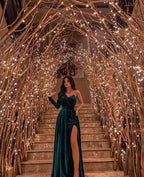 Vestido de Veludo Verde de Uma Manga com Fenda Alta Vestido de Noite Verde Generoso Y563