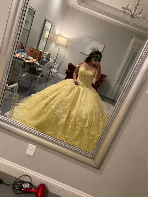 Abito giallo da quindicenne con spalle scoperte, applicazioni in tulle, abito da ballo Y658
