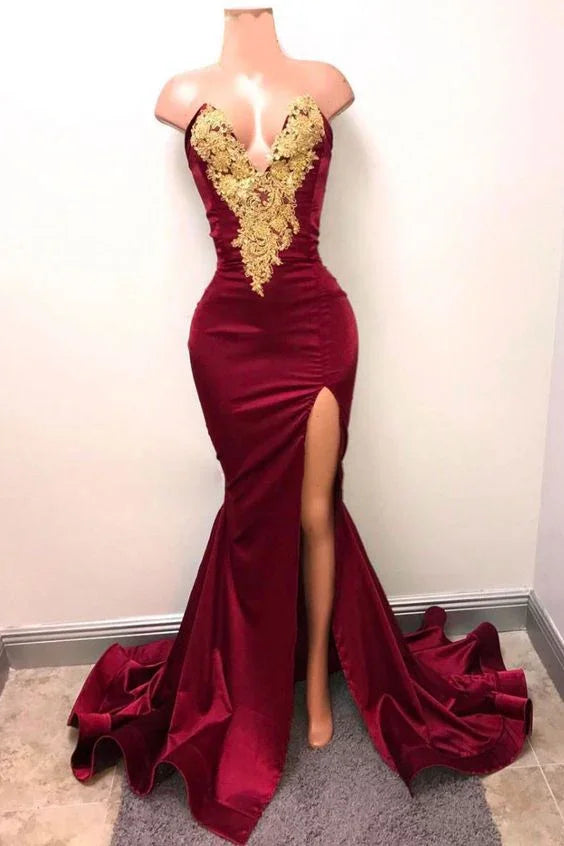 Vestido de Baile Dourado com Renda de Sereia Borgonha, Vestido de Noite Comprido Borgonha, Vestidos de Baile Sensuais Y552