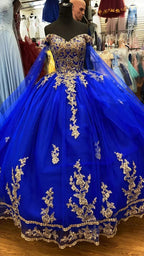 Abito da ballo in tulle blu reale con pizzo dorato Abito per sedicesimo compleanno Y530