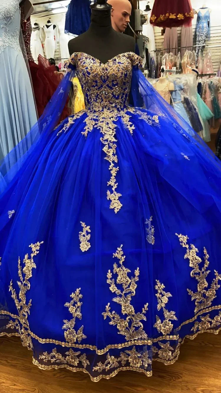 Abito da ballo in tulle blu reale con pizzo dorato Abito per sedicesimo compleanno Y530