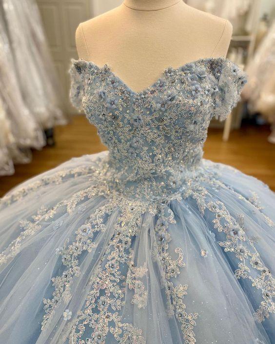 Abito da ballo con applicazioni di pizzo azzurro Winter Wonderful Land, vestito dolce sedicesimo Y615