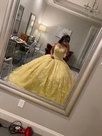 Abito giallo da quindicenne con spalle scoperte, applicazioni in tulle, abito da ballo Y658