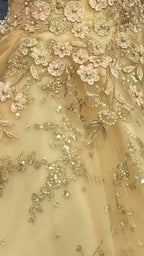 Abito principesco lussuoso color champagne con scollo a V per Quinceañera, abito da ballo color champagne Y593