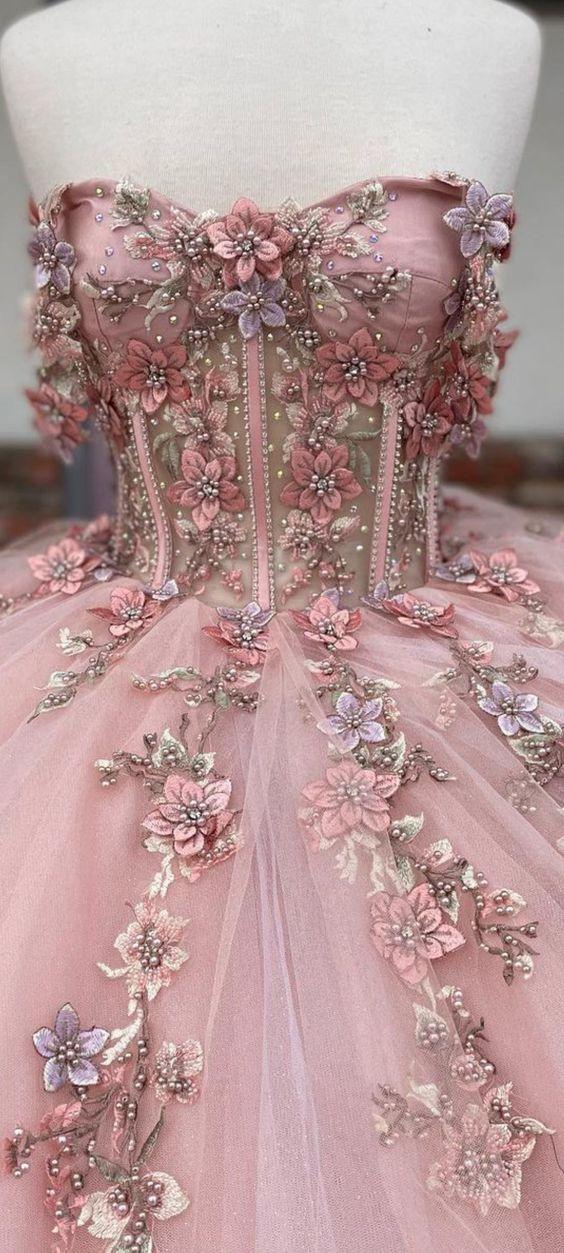 Abito da ballo con applicazioni floreali in tulle rosa Abito per sedicesimo compleanno Y527
