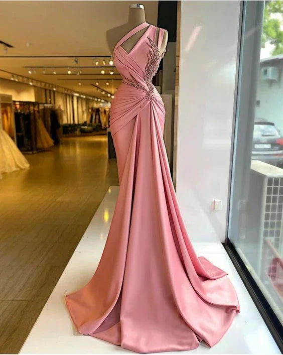 Abiti da sera rosa plissettati, abiti da sera con perle, abiti da sera in raso, abiti da sera arabi Y560