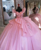 Abito da ballo principessa con fiori tridimensionali rosa per Quinceañera Y597