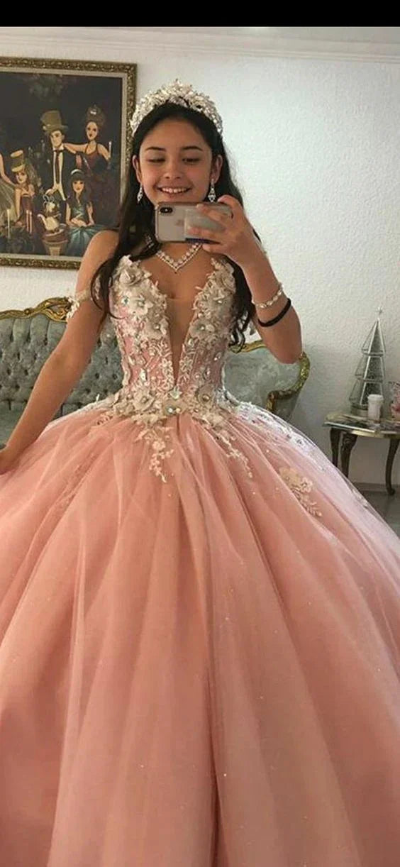 Abito da principessa rosa in tulle con scollo a V profondo modello Y583