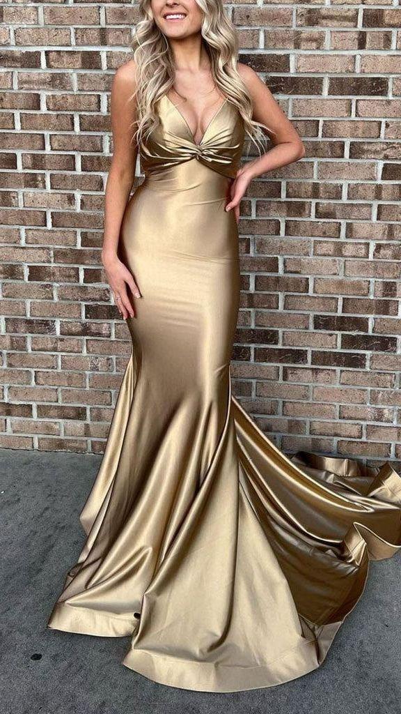 Abito da sera lungo formale sirena dorato con spalline sottili Y609