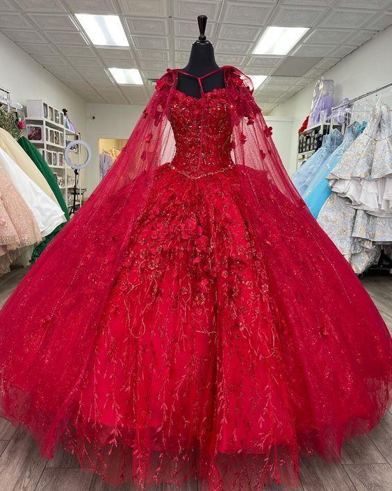 Abiti rossi per Quinceañera con applicazioni di fiori tridimensionali, abito a palloncino, vestito dolce sedici Y585