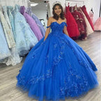 Abito da ballo principesco Royal Blue con spalle scoperte, abito da Quinceañera con fiori 3D in tulle, abito da principessa dolce sedici Y524