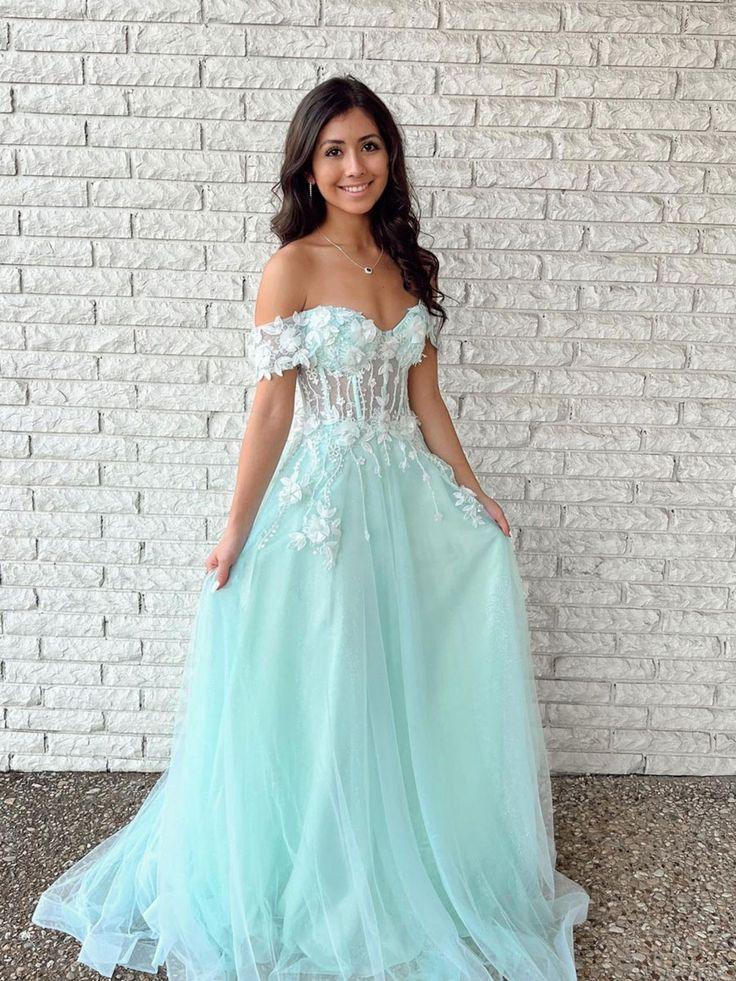 Abito lungo da sera verde con spalle scoperte in pizzo di tulle, vestito da ballo su misura Y632