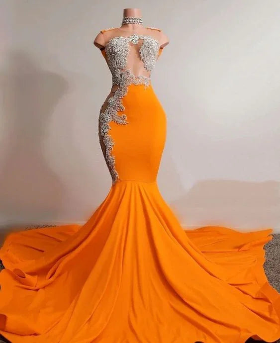 Vestido de Baile Laranja Sereia Sem Mangas Vestido de Noite Encantador Y567