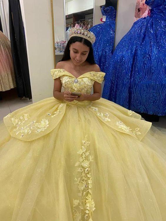 Abito Giallo Principessa con Spalle Scoperte Abito per Dolce Sedicesimo Abito da Ballo Y655