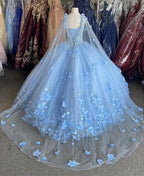Abito a palloncino in tulle con fiori blu, elegante vestito da ballo S26907