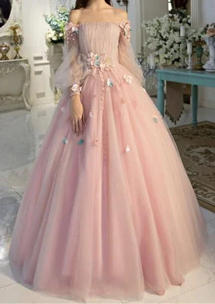 Abito da Ballo Manica Lunga, Abito da Ballo Lungo Fiabesco Floreale Rosa Perla S24387