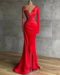 Long Red Satin Evening Dresses Sheer Neckline Long Sleeve Beaded African High Slit Women Formal Prom Dress S24678