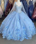 Abito a palloncino in tulle con fiori blu, elegante vestito da ballo S26907
