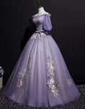 Encantador vestido largo formal morado con mangas cortas de tul abullonado Vestido de noche encantador Vestido de fiesta S26513