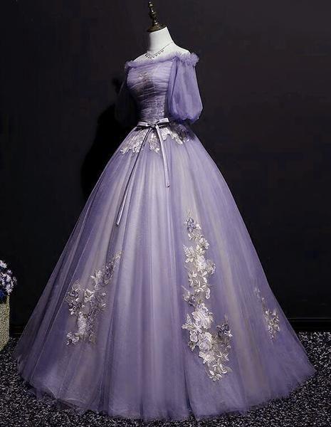 Encantador vestido largo formal morado con mangas cortas de tul abullonado Vestido de noche encantador Vestido de fiesta S26513