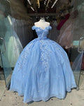 Abito da ballo blu con spalle scoperte, vestito da festa scintillante con fiori S26908