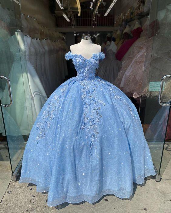 Abito da ballo blu con spalle scoperte, vestito da festa scintillante con fiori S26908