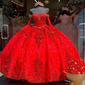 Abito da Ballo Sweet 16 e Quinceañera in Organza Rosso con Scollo a Cuore, Applicazioni, Paillettes e Perline S26634
