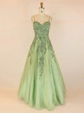 Abito da Ballo a Scollo a V in Tulle Lungo fino a Terra con Appliques e Pizzo S26312
