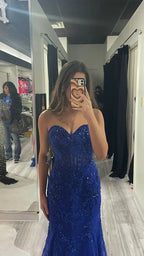 Abito formale in pizzo e tulle blu reale Sweetheart, abito da sera blu reale a sirena senza maniche Y1203