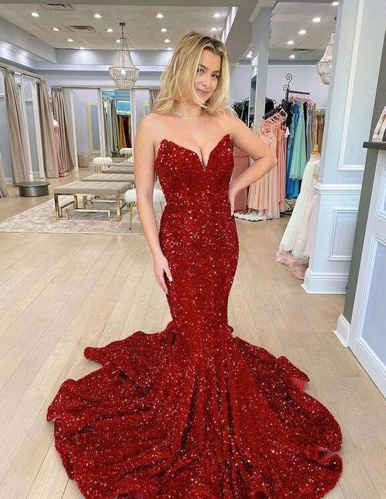 Abito lungo da sera bordeaux con paillettes, senza spalline, modello sirena Y1220