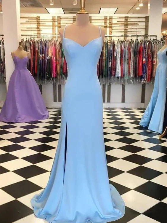 Abito lungo da sera in raso Blu Sirena con spacco laterale, elegante abito da sera blu Y687
