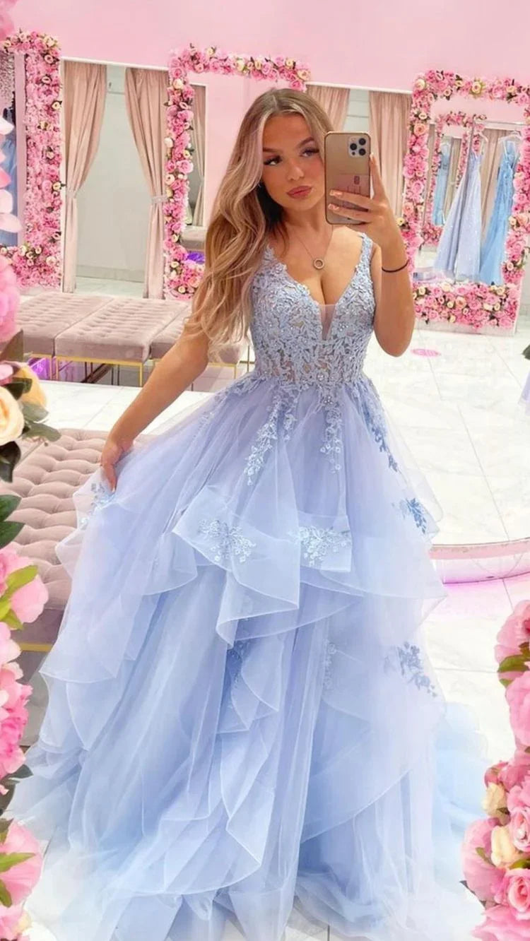 Abito lungo da sera blu con scollo a V in pizzo di tulle, abito da ballo blu Y686