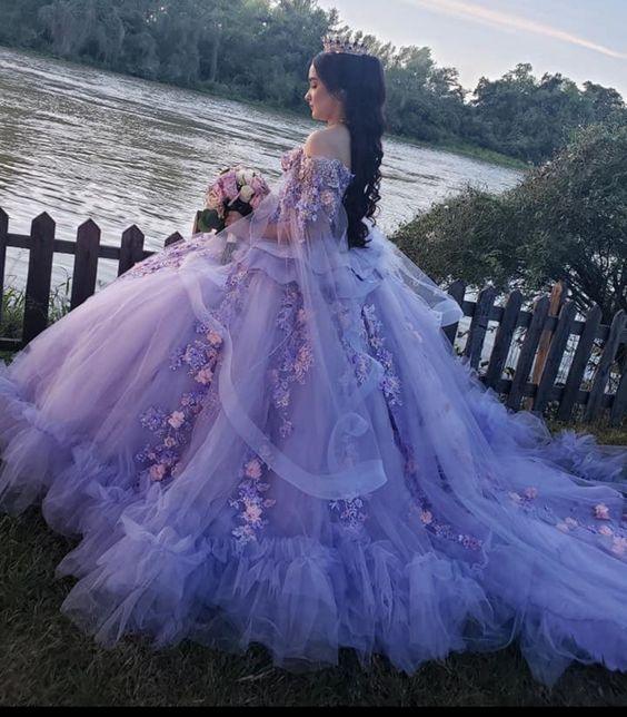 Abito da ballo lussuoso con applicazioni floreali in tulle scollato viola per dolce sedicesimo Y679