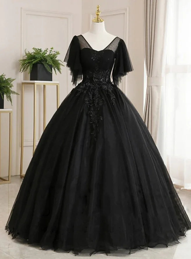 Ballkleid Luxuriöses Blumiges Quinceañera-Abendkleid mit Rundhalsausschnitt, Kurzarm, bodenlang, Tüll mit Faltenstickerei Y1478