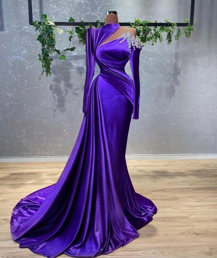 Abito da sera in velluto viola lussuoso con maniche lunghe, elegante vestito da sera in velluto viola Y729