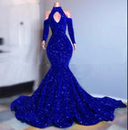 Abito da sera elegante da donna taglia forte blu reale con paillettes scintillanti, maniche lunghe, modello sirena, scollo a spalle scoperte, vestito formale Y1271
