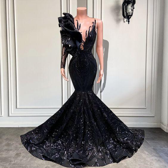 vestidos de baile pretos, vestidos de baile cauda de sereia, vestidos de baile com folhos, vestidos de baile com lantejoulas, vestidos de noite feitos por medida Y1868
