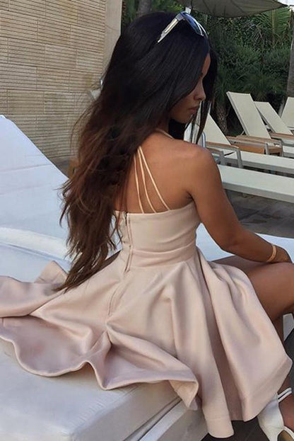 Minivestido de cóctel rosa sencillo con escote en V, sin mangas y corte en A 