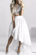 White Two Pieces Lace High Low Evening Dress, Fashion Homecoming Dresses