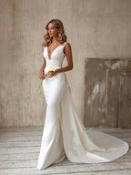 Simple Elegant Satin Mermaid Wedding Dress Detachable Bowknot Overskirt 2025 Bow Bridal GownPlus Size